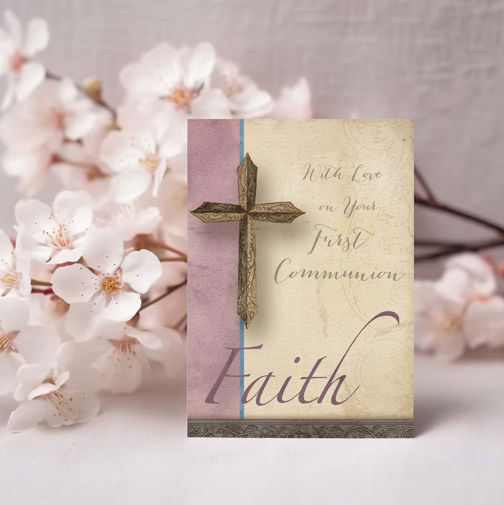 First Communion card with cross design and floral background