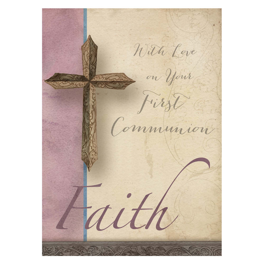 Card with a cross design and text 'With Love on Your First Communion Faith' on a beige and purple background.