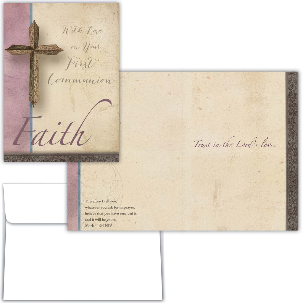 Card with cross design and text for First Communion, featuring a matching envelope.