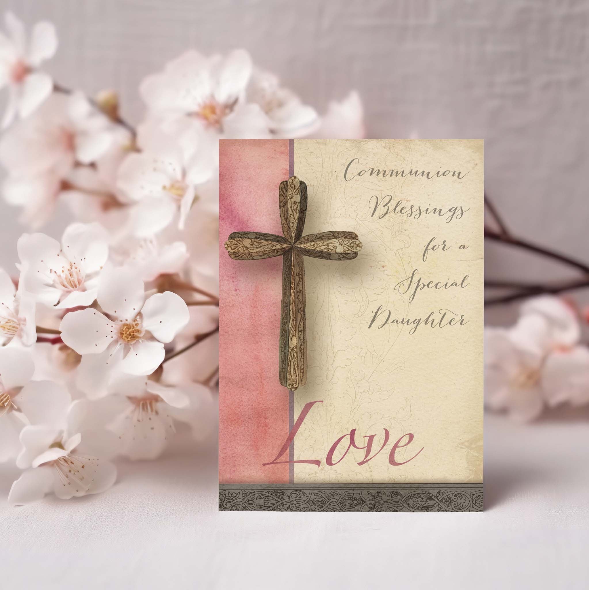 Communion Card on table with flowers