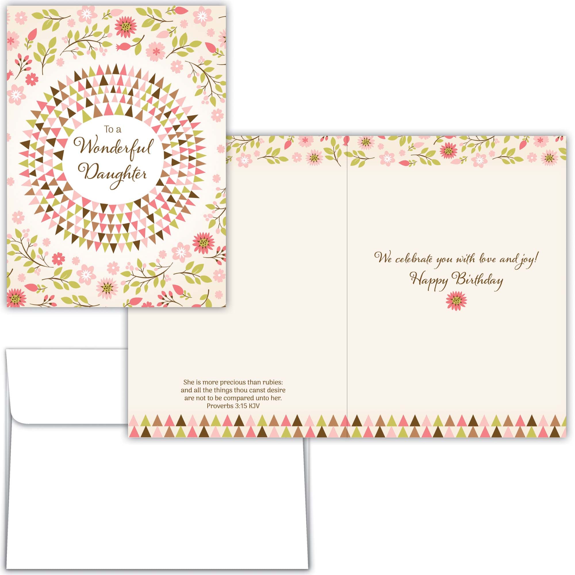 Greeting card with floral design and text for a daughter's birthday, featuring an envelope.