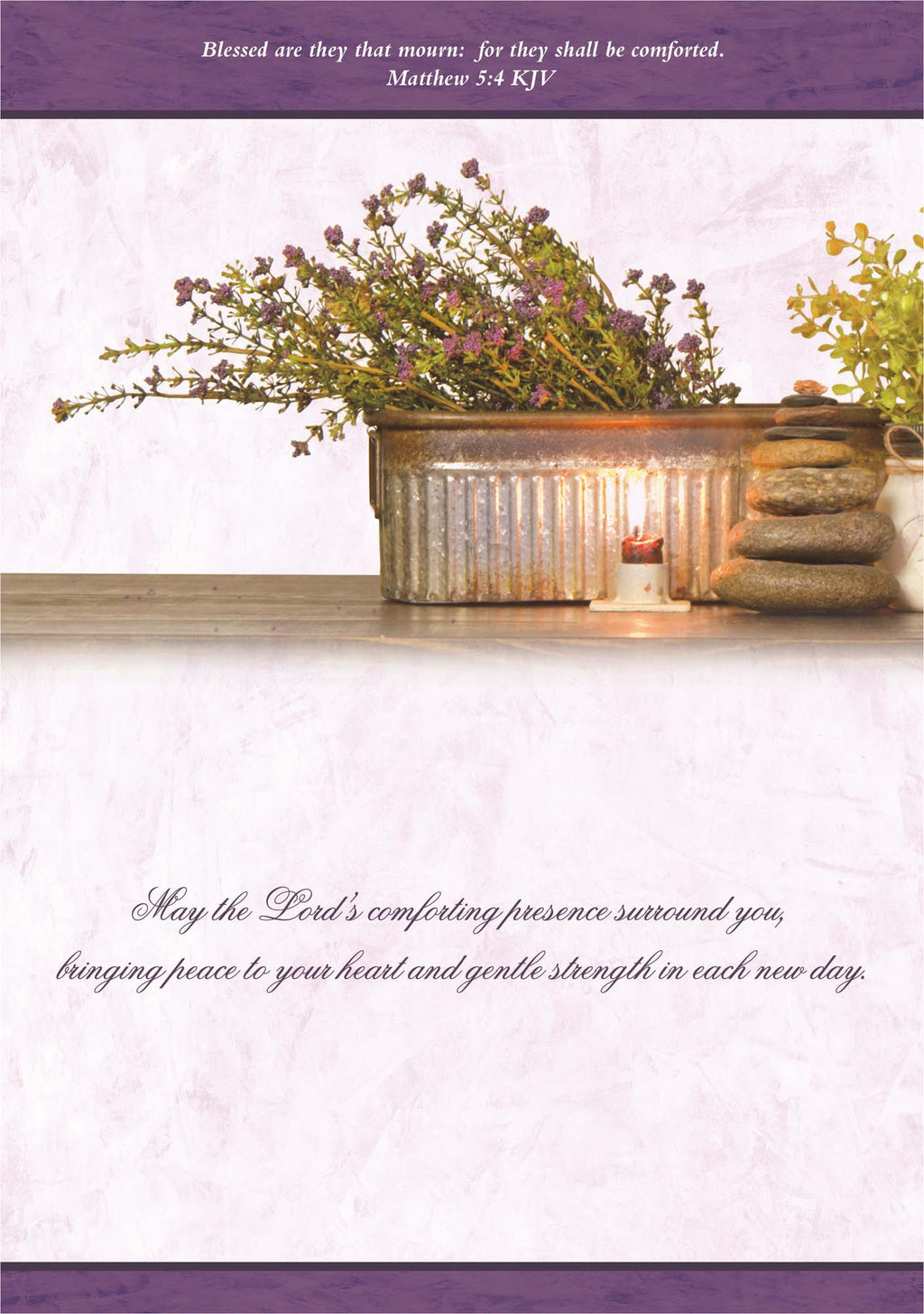 Greeting card with flowers, candles, and comforting text on a white background