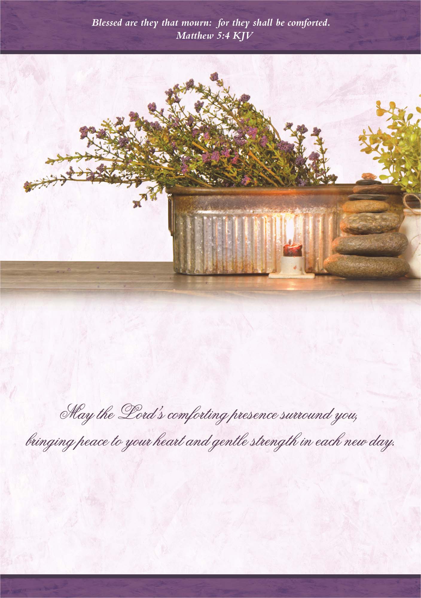Greeting card with flowers, candles, and comforting text on a white background