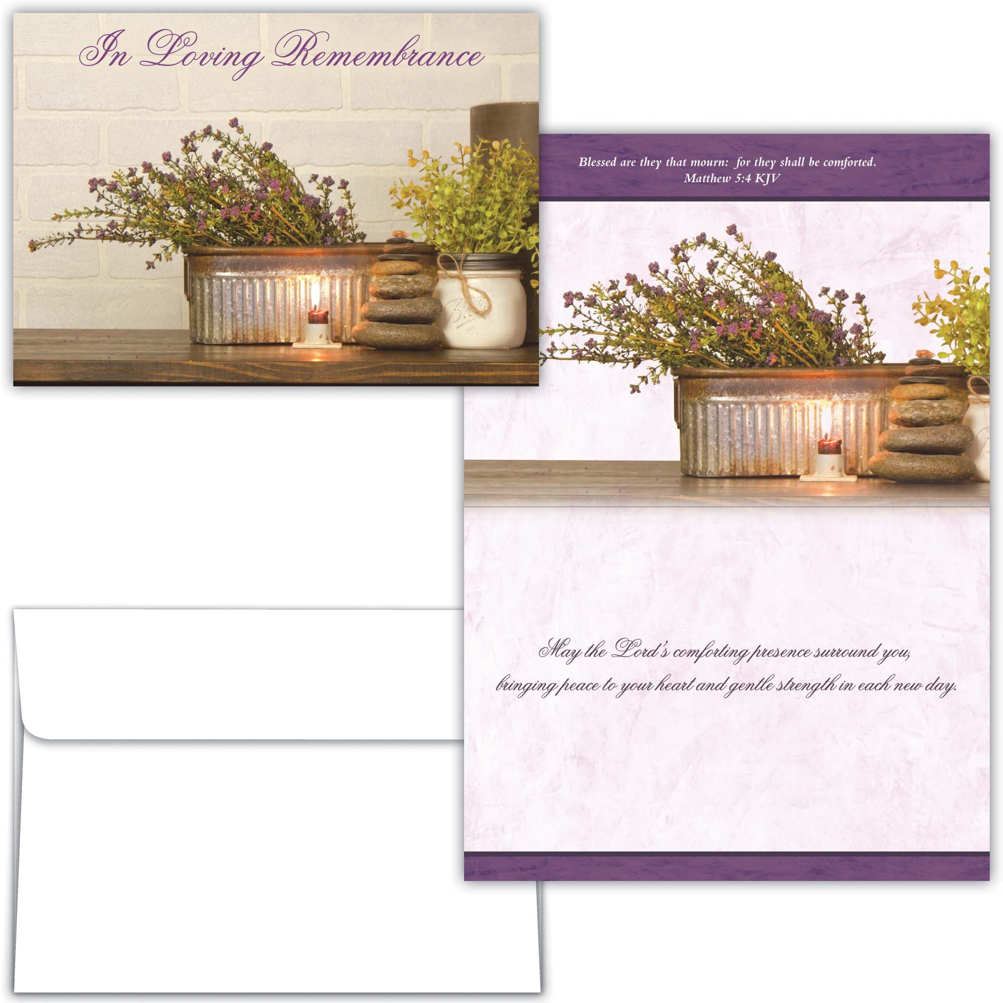 Memorial card with potted plants, candles, and comforting phrases on a white background