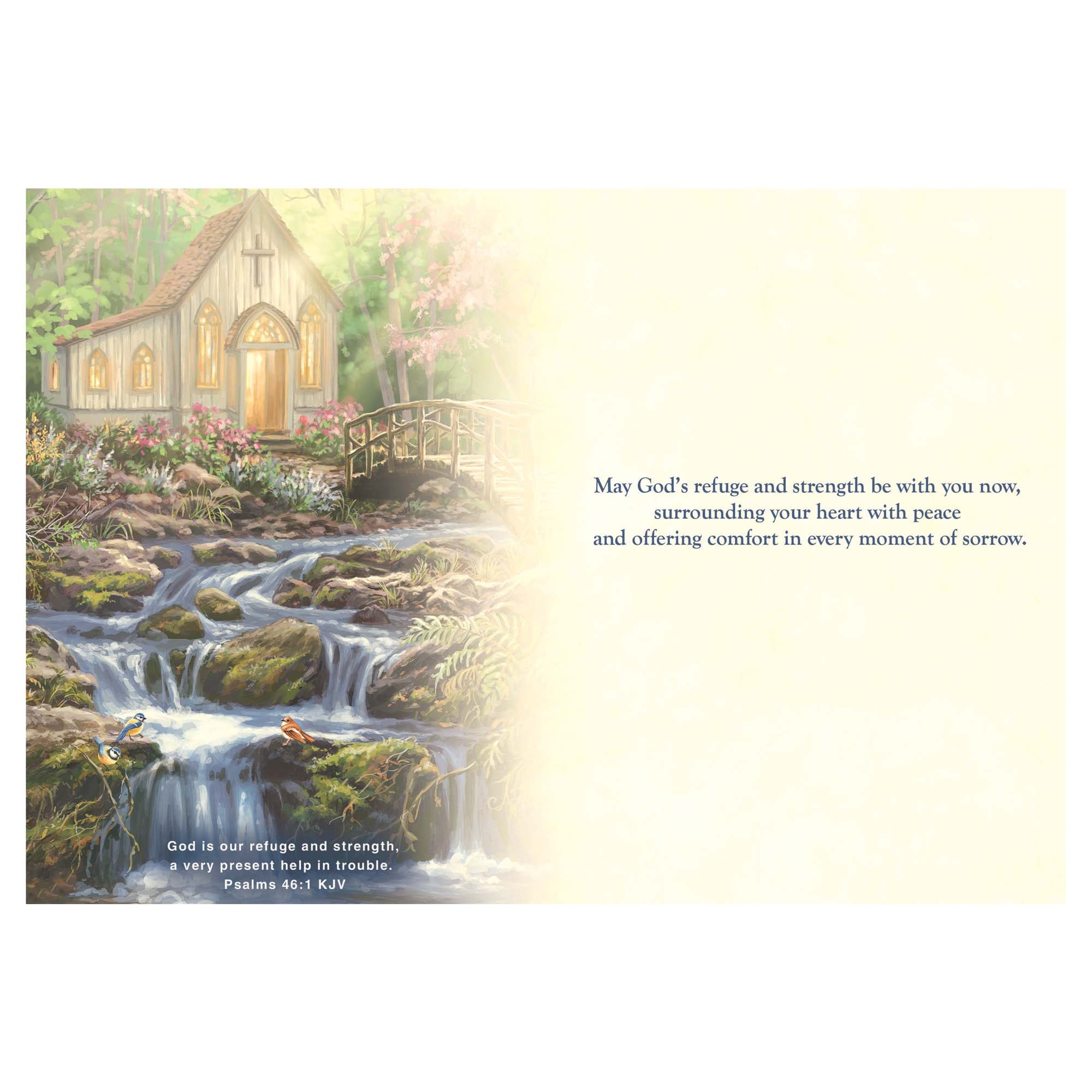 Greeting card with a scenic illustration of a small church by a stream, surrounded by nature.
