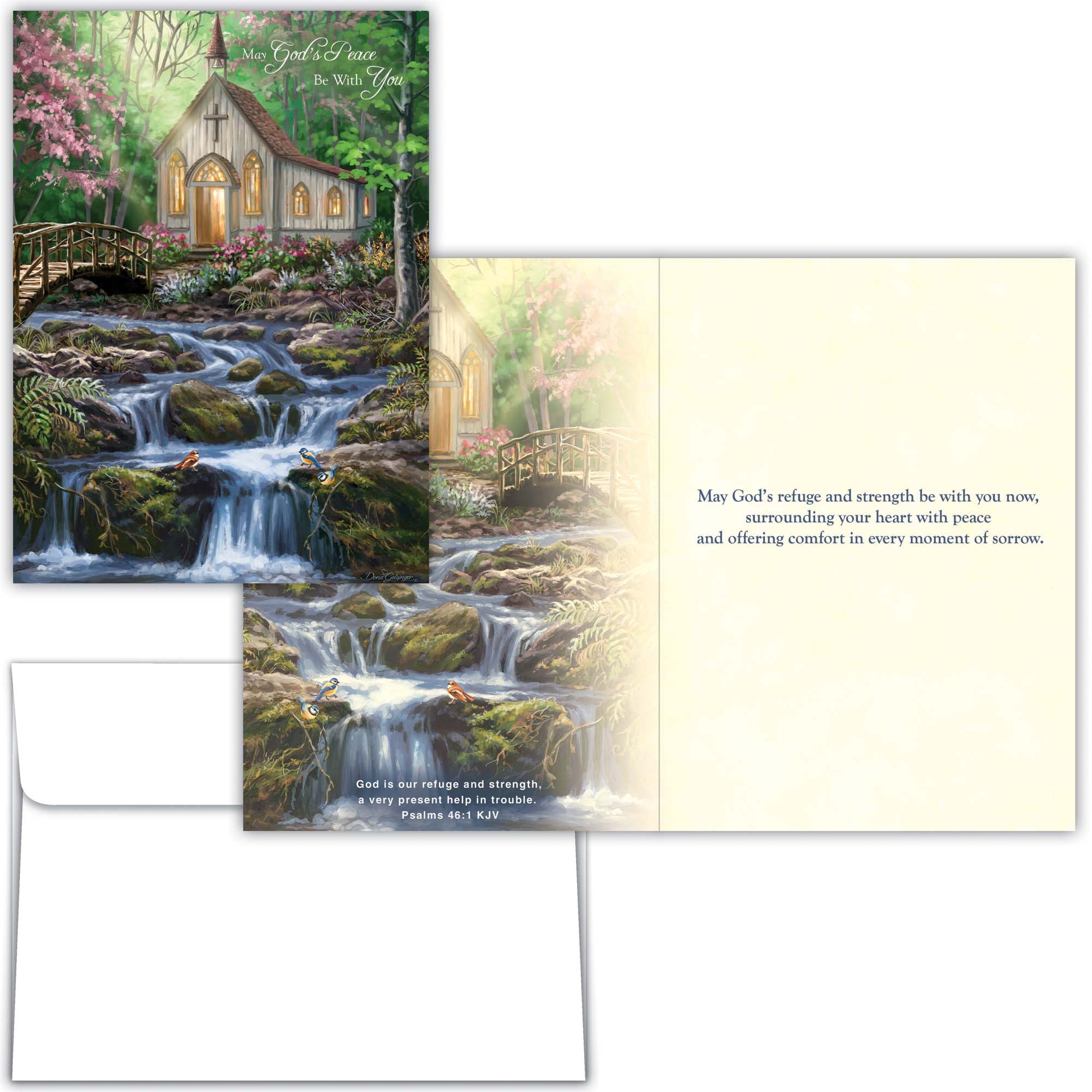 Greeting card with a scenic design of a chapel by a waterfall and a bridge over a stream.