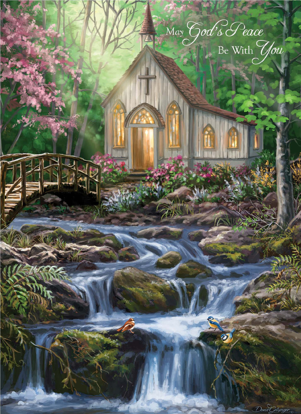Small chapel surrounded by nature with a stream and bridge