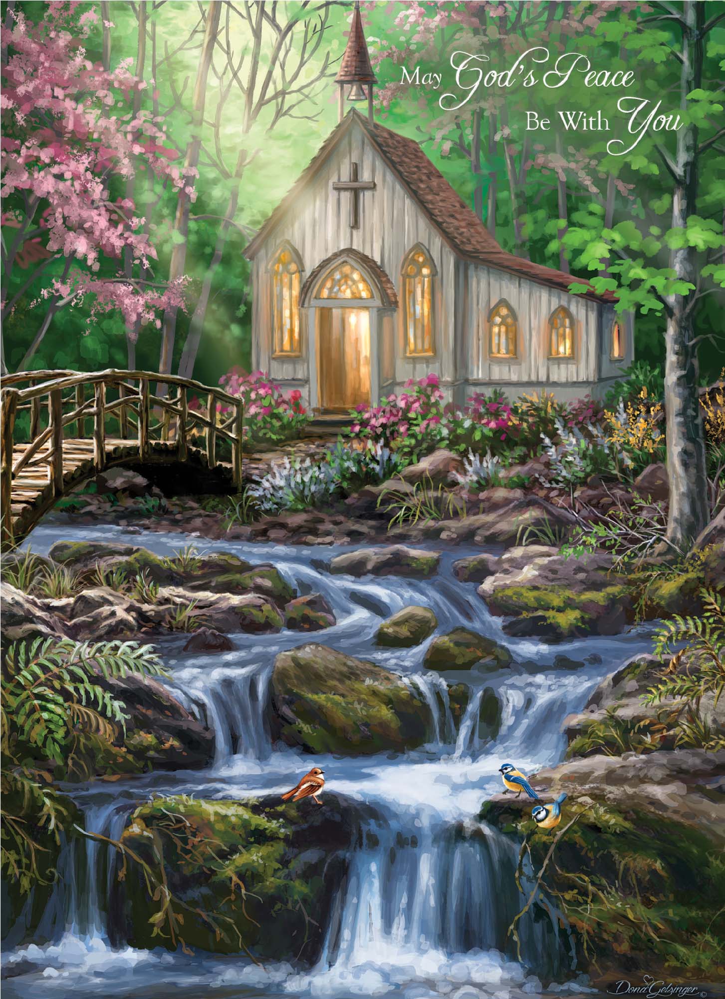 Small chapel surrounded by nature with a stream and bridge