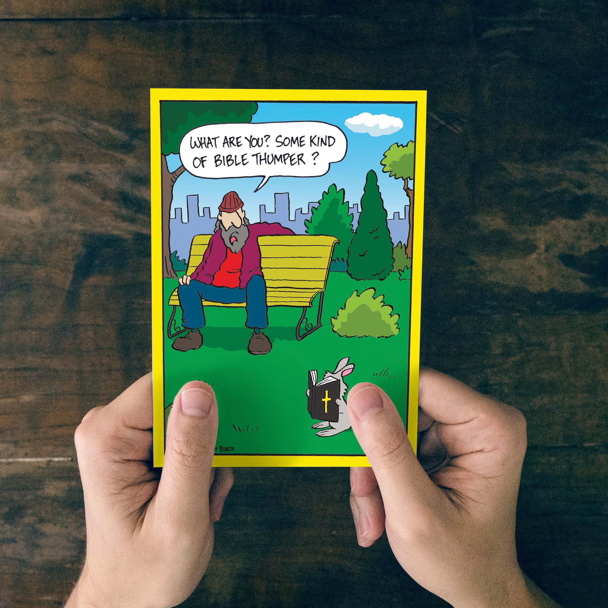 Person holding Scripture Humorous Card