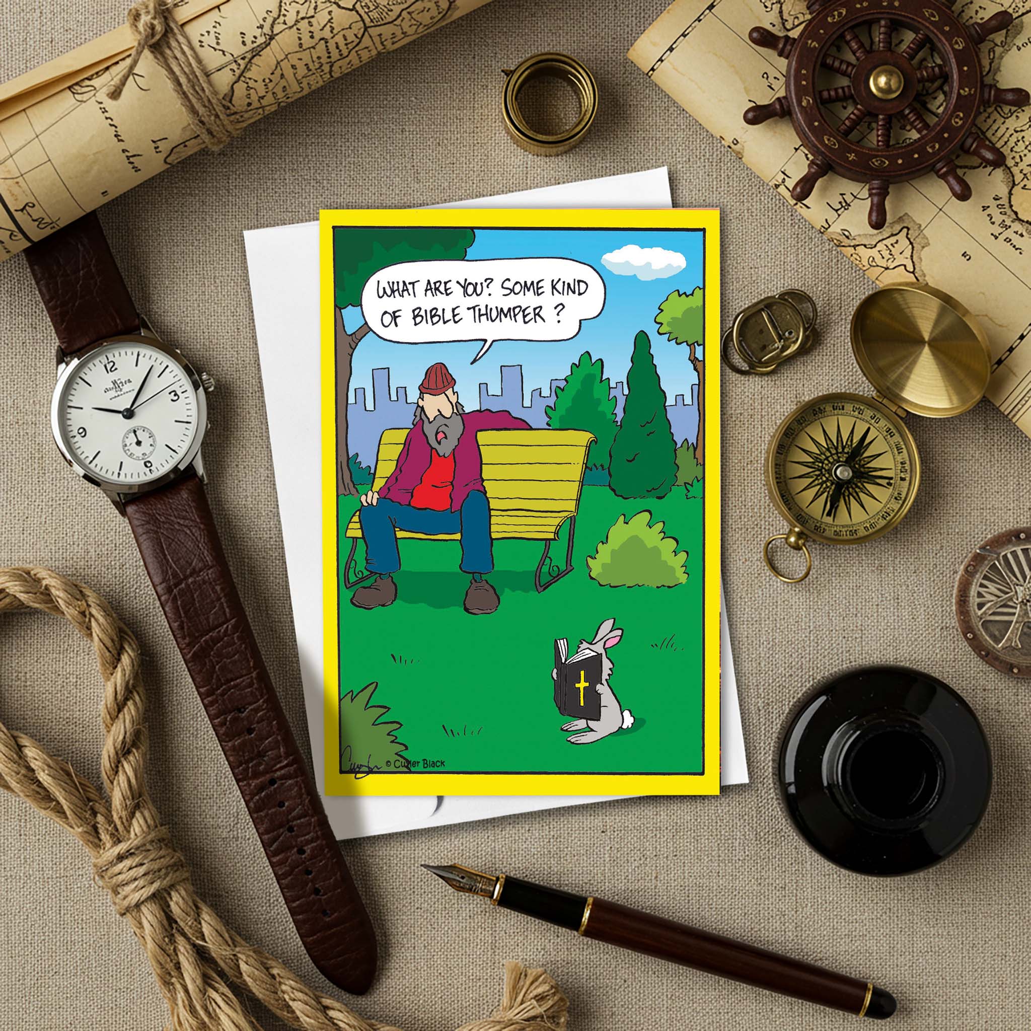 Religious Humor Card on background with Watches
