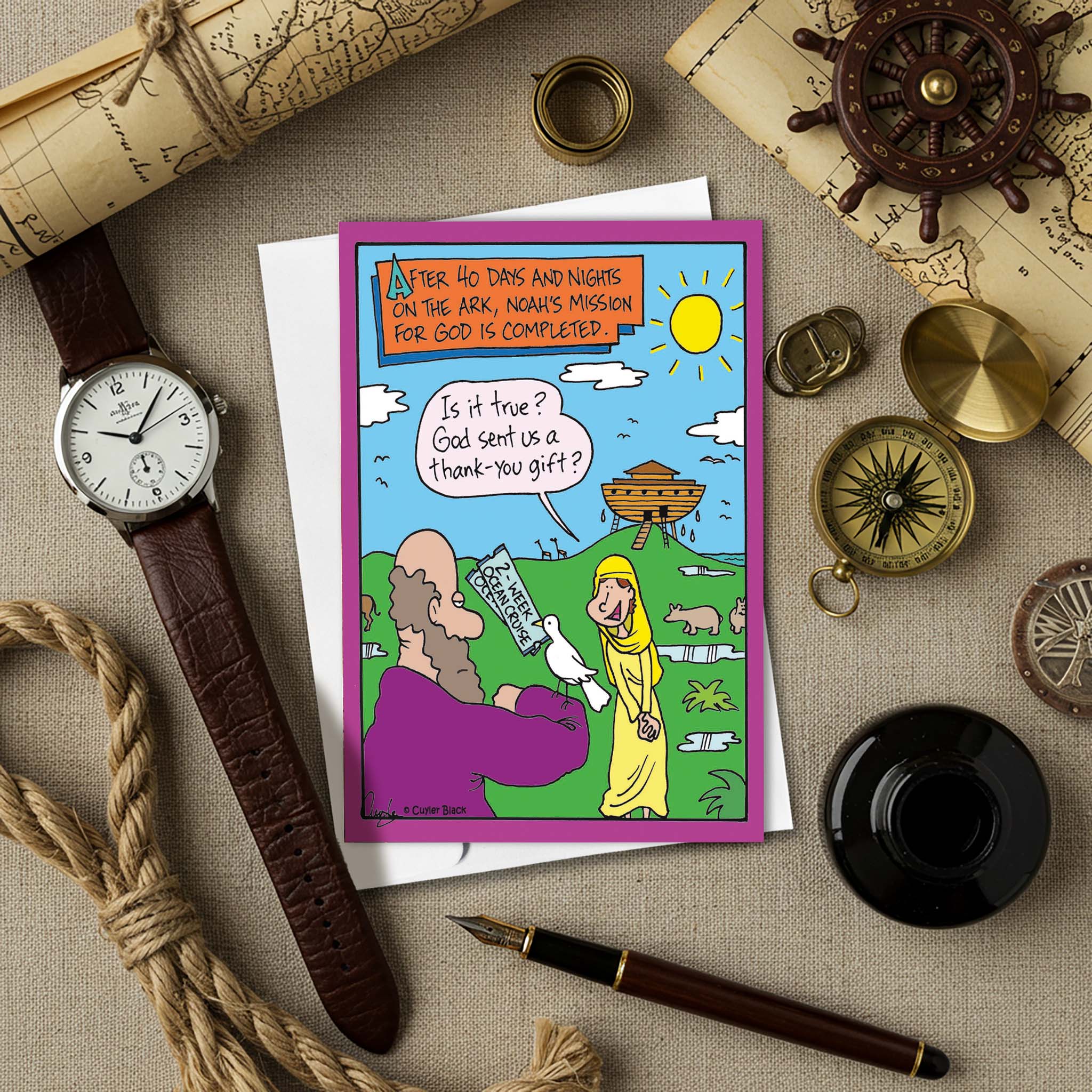 Religious Humor Card on Table with watches
