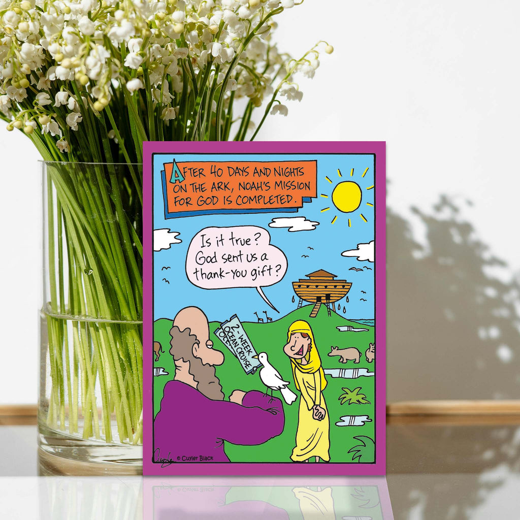 Humorous Christian Card on table with Flower Arrangement