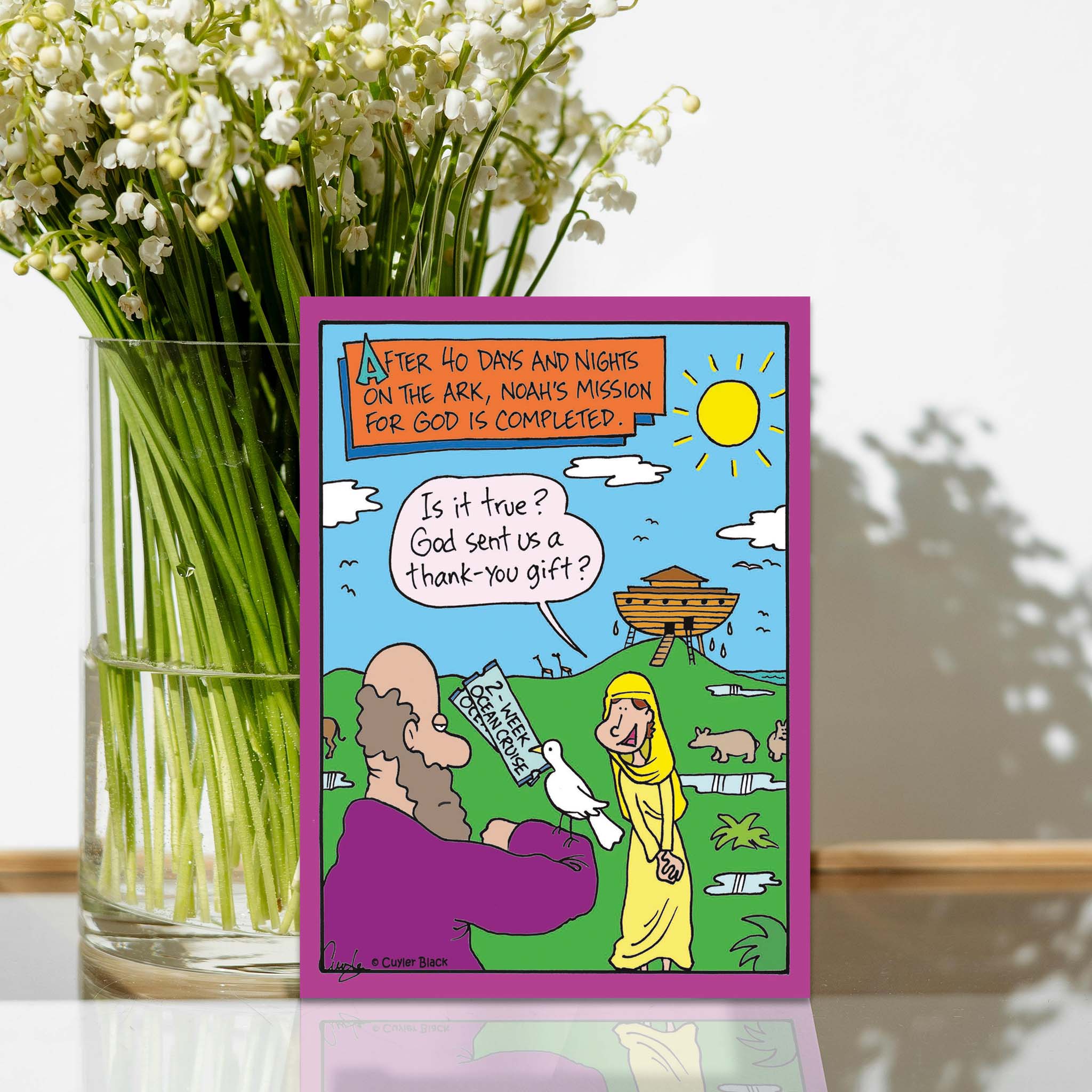 Humorous Christian Card on table with Flower Arrangement