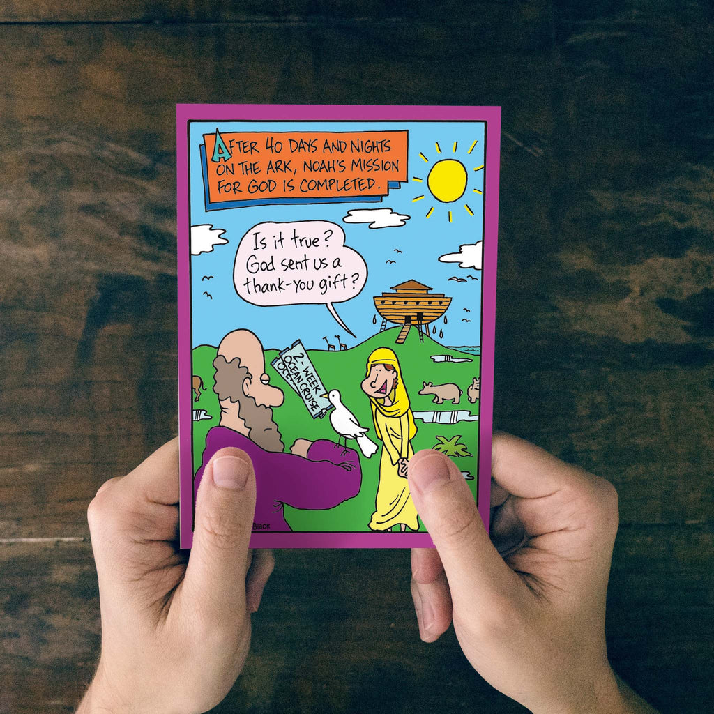 Person holding Humor card with scripture