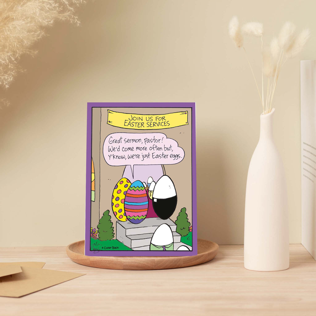 Religious Humorous Easter card on Table with Vases
