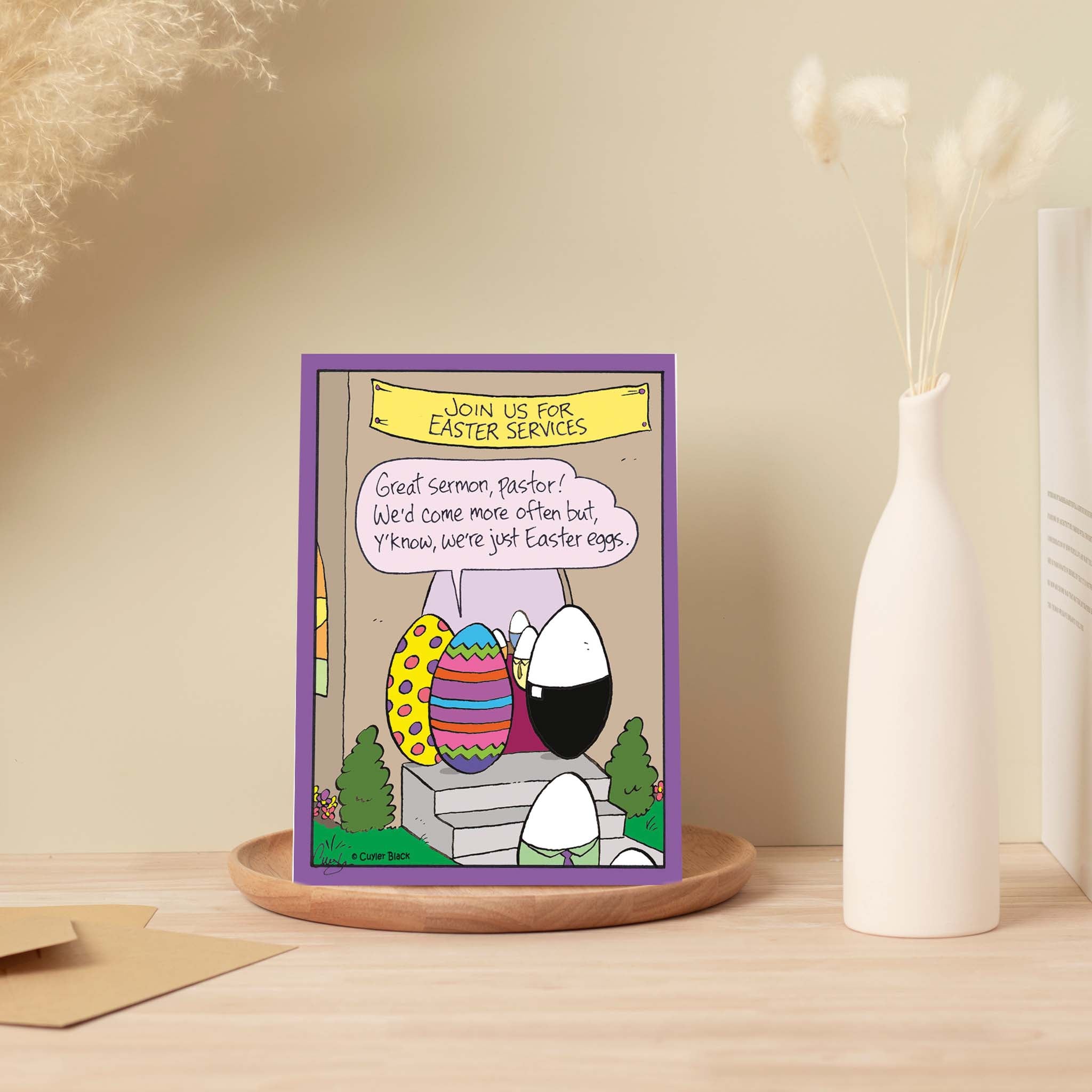Religious Humorous Easter card on Table with Vases