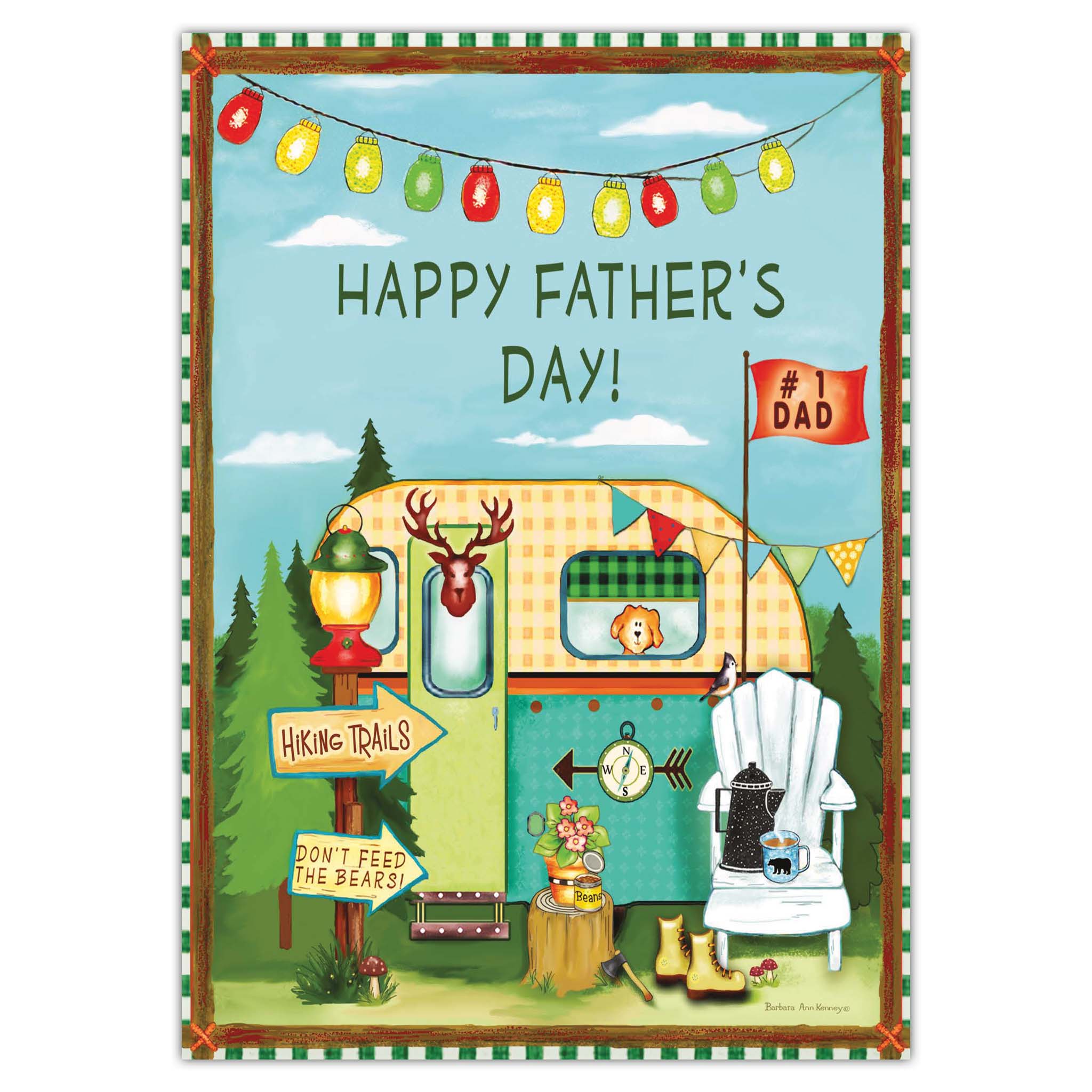 Father's Day card with a camper, trees, and decorative elements on a blue sky background.