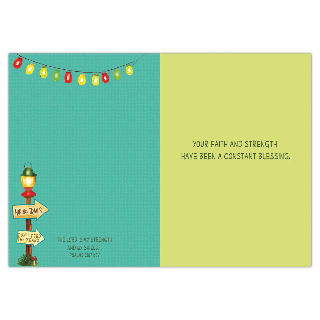 Motivational card with streetlamp, lights, and inspirational quote on a green and yellow background