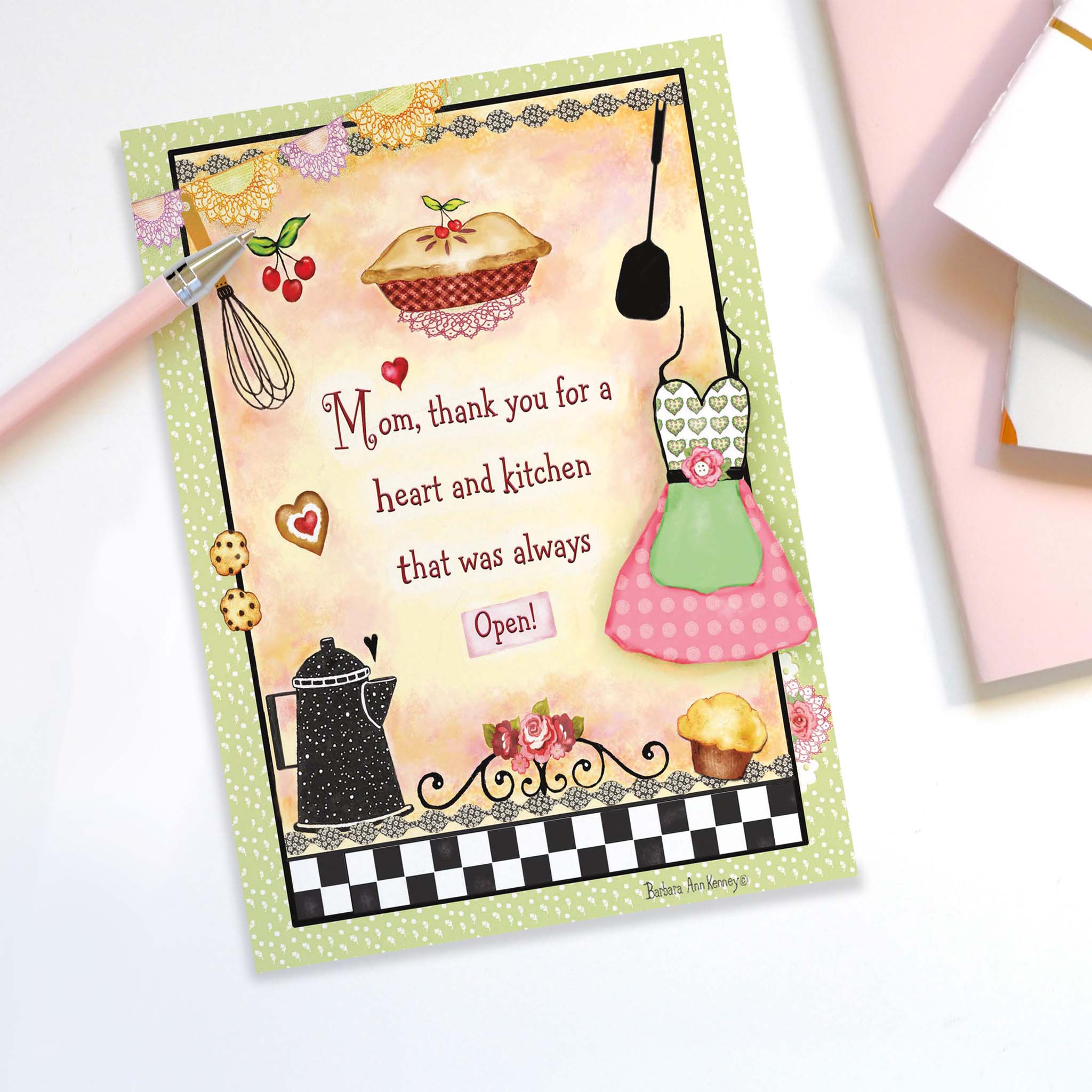 Greeting card with kitchen-themed illustrations and text on a white background