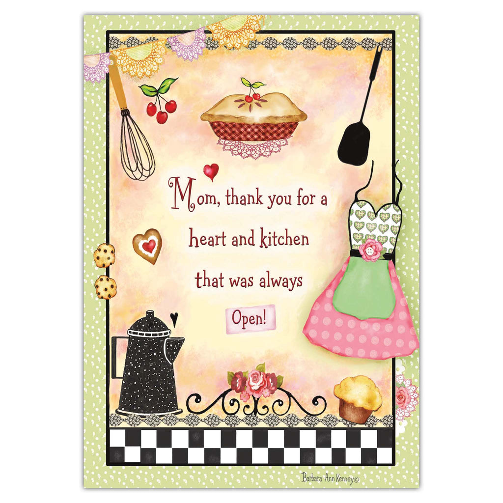 Card with a pie, kitchen utensils, and text expressing gratitude to a mother in the kitchen.