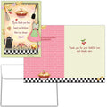 Greeting card with kitchen-themed illustrations and text on a white background