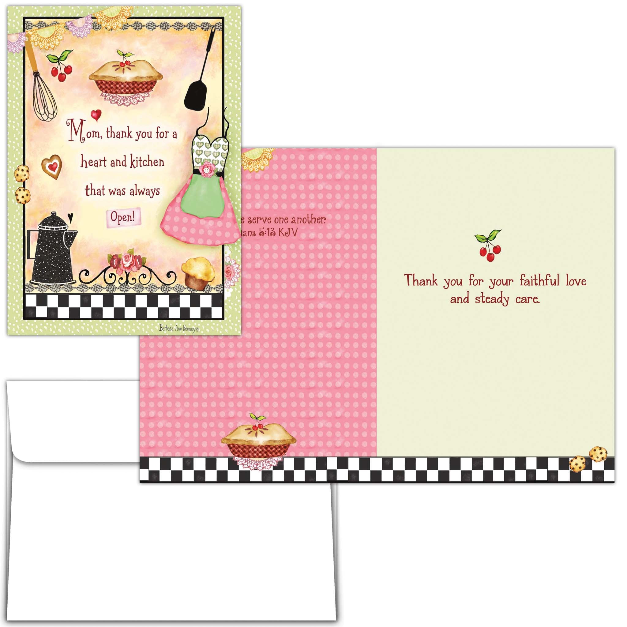 Greeting card with kitchen-themed illustrations and text on a white background