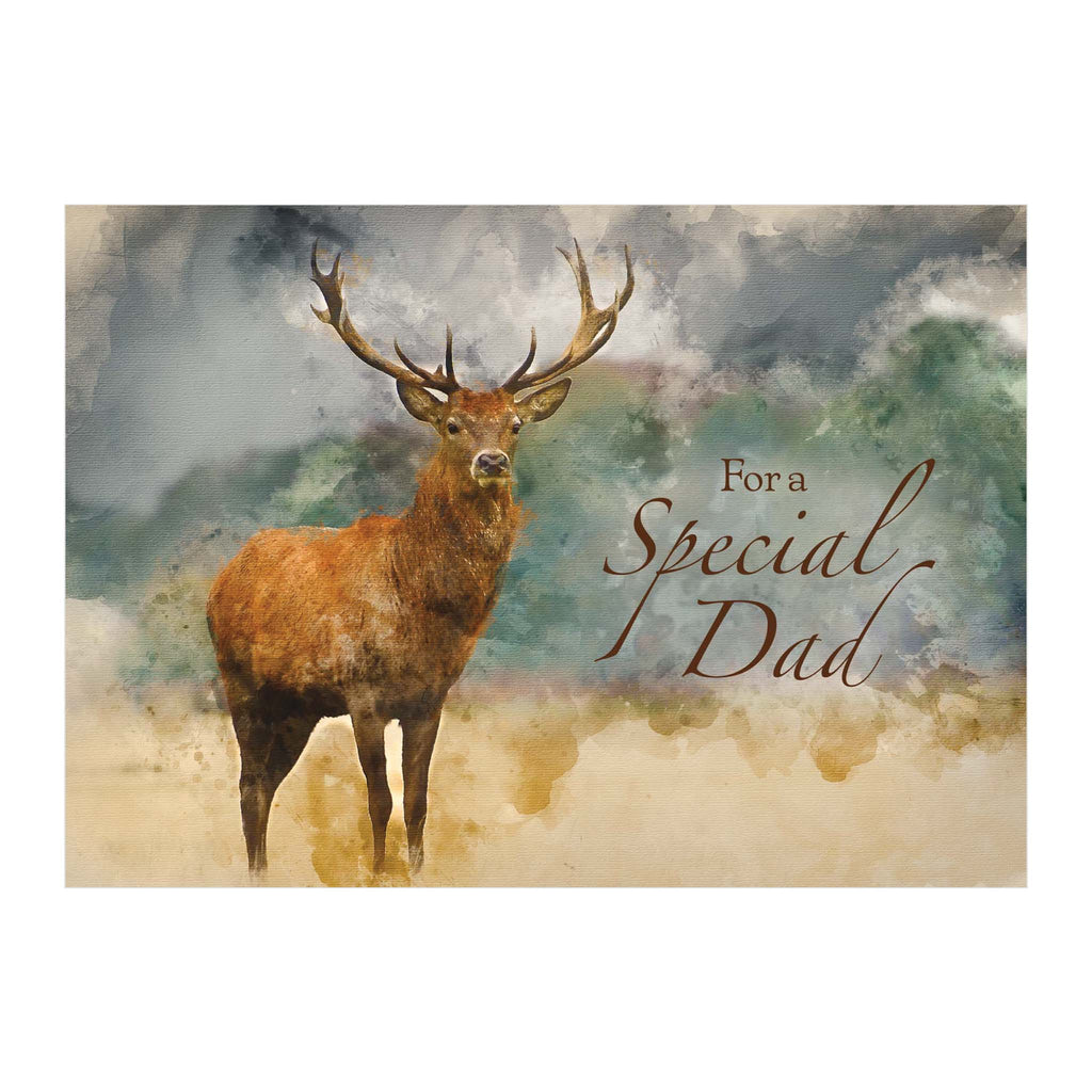Card with a deer illustration and 'For a Special Dad' text on a nature-themed background