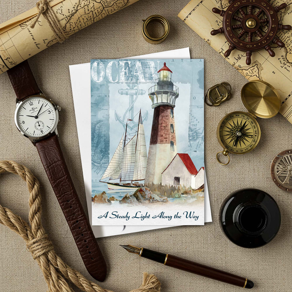Nautical-themed card with lighthouse illustration, watch, compass, and rope on a textured surface.