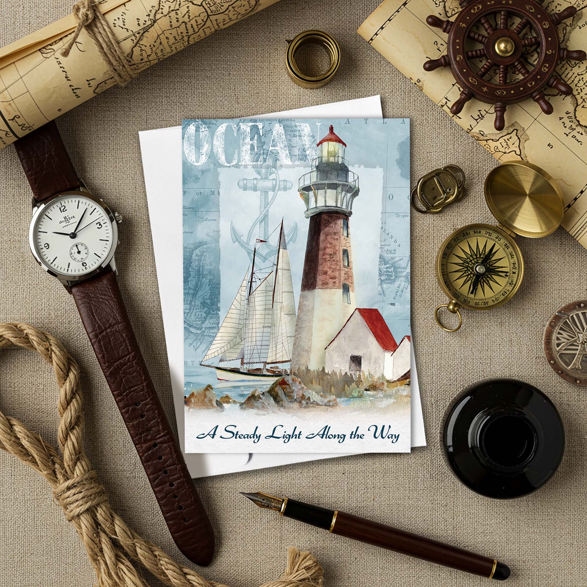 Nautical-themed card with lighthouse illustration, watch, compass, and rope on a textured surface.