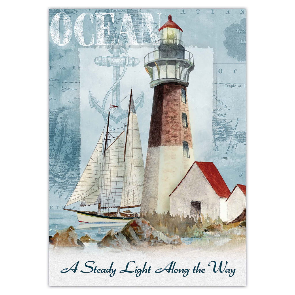 Lighthouse and sailboat illustration with 'Ocean' text on a map background