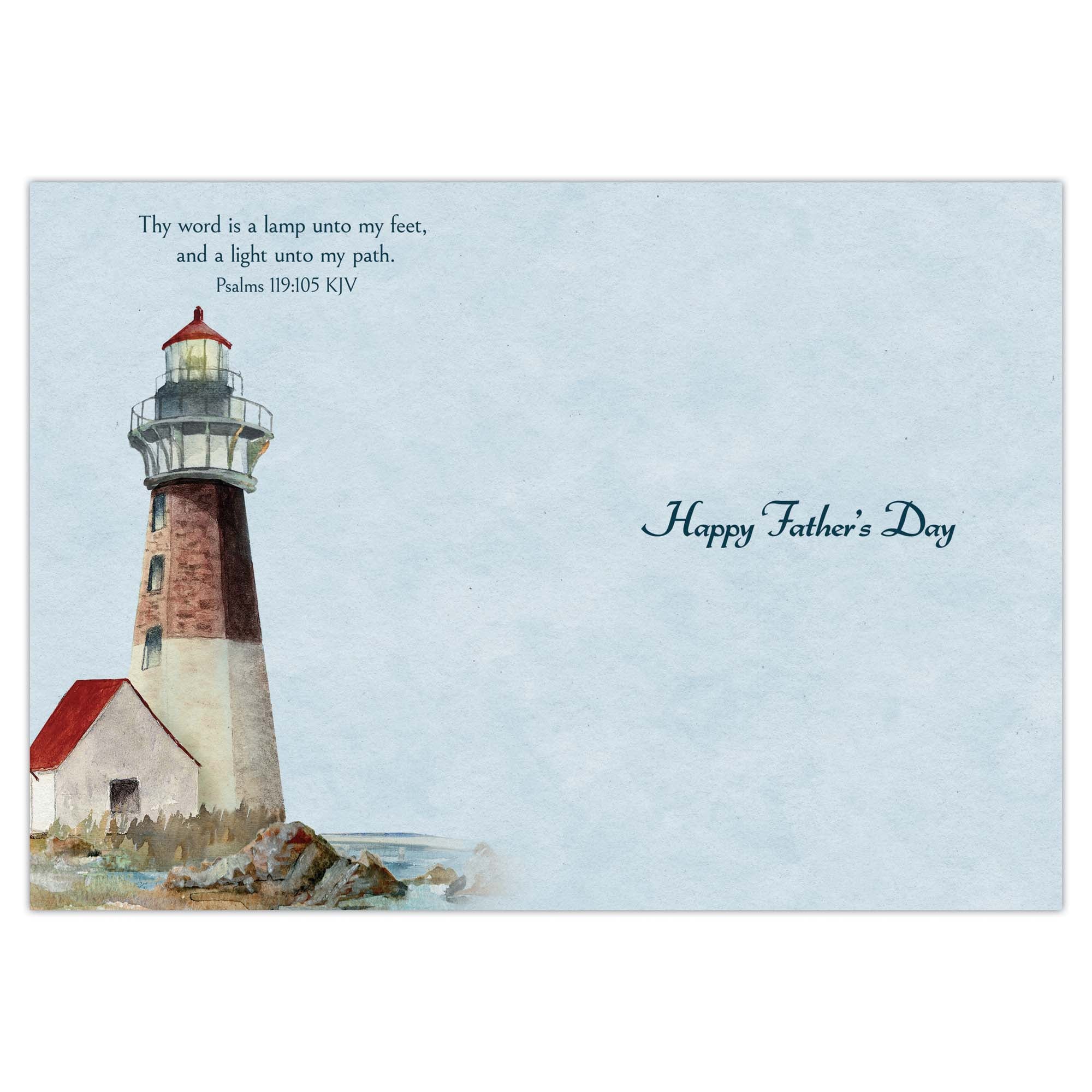 Lighthouse on a Father's Day card with a quote and verse reference.
