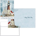 Father's Day card with lighthouse and sailboat design, featuring a sailboat and lighthouse illustration.