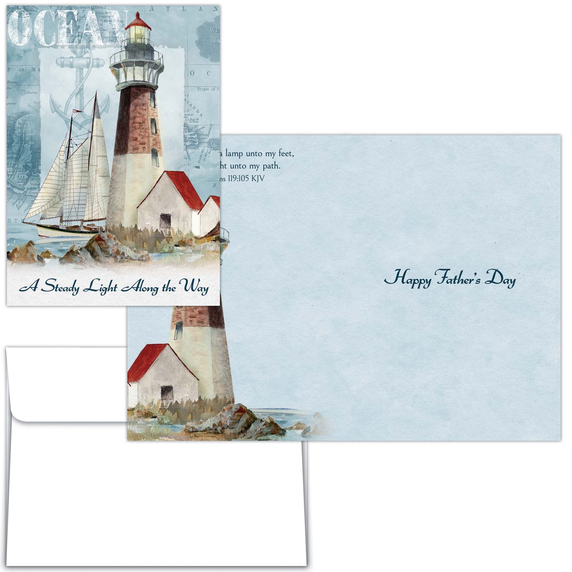 Father's Day card with lighthouse and sailboat design, featuring a sailboat and lighthouse illustration.