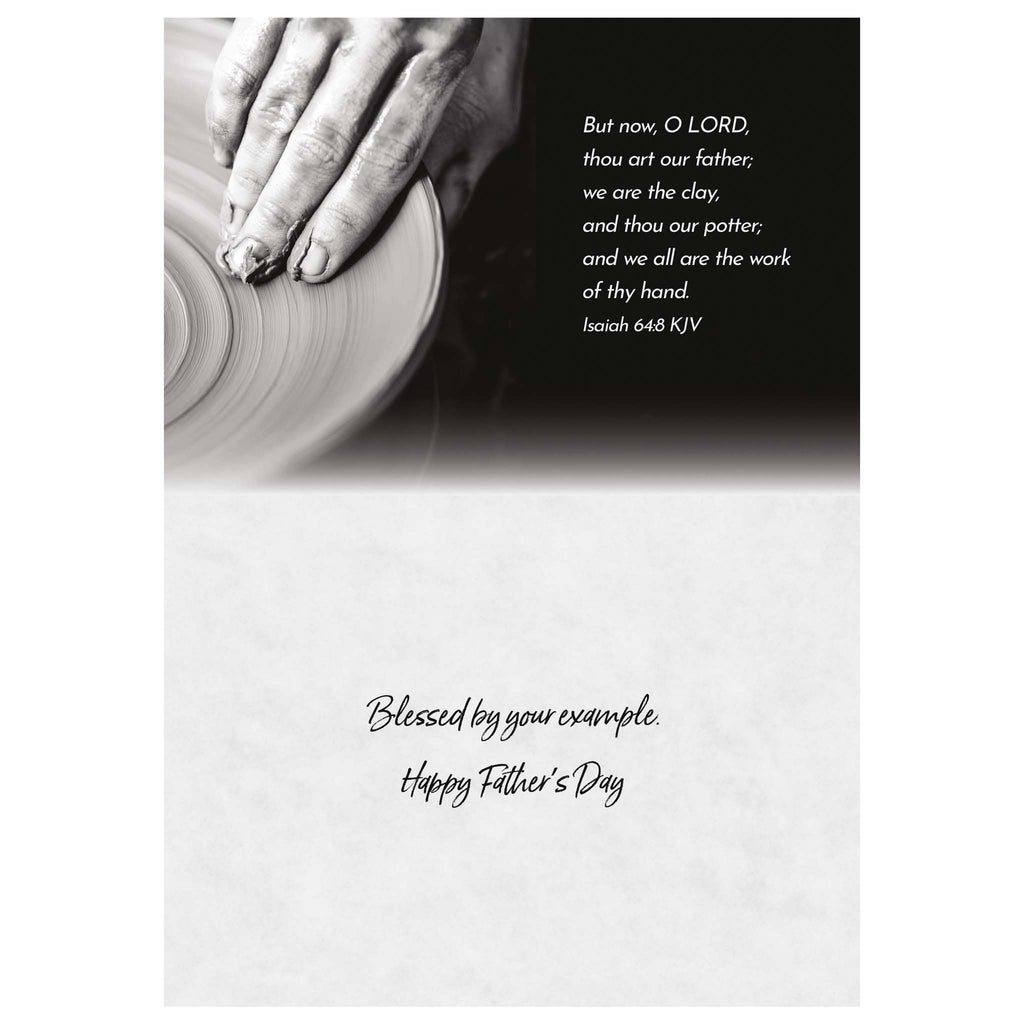 Handmade pottery wheel with a hand on it, black background with text, and white card with text.
