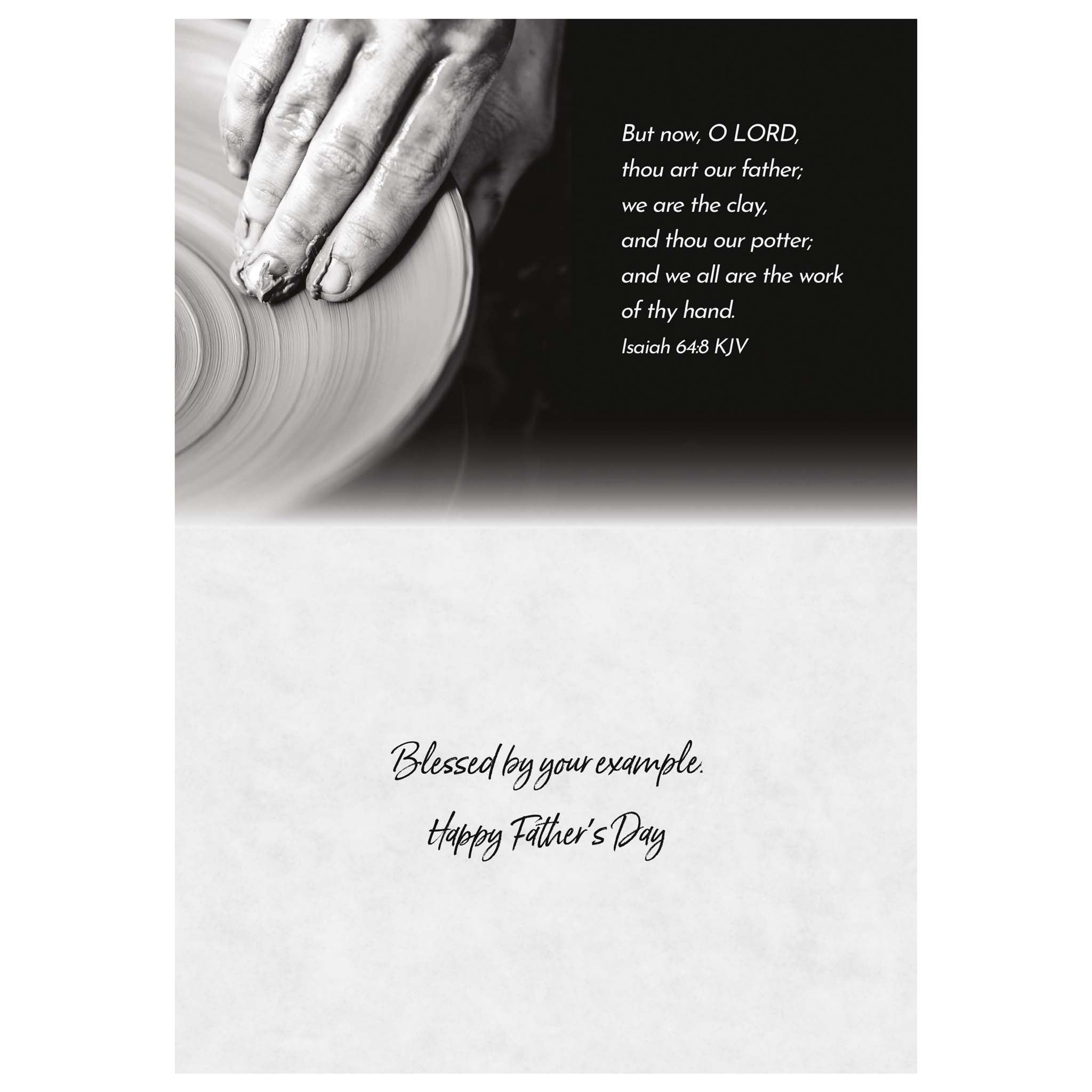 Handmade pottery wheel with a hand on it, black background with text, and white card with text.