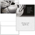Card with hands shaping a pot on a wheel, black and white photo of hands on a potter's wheel, and text on a white background.