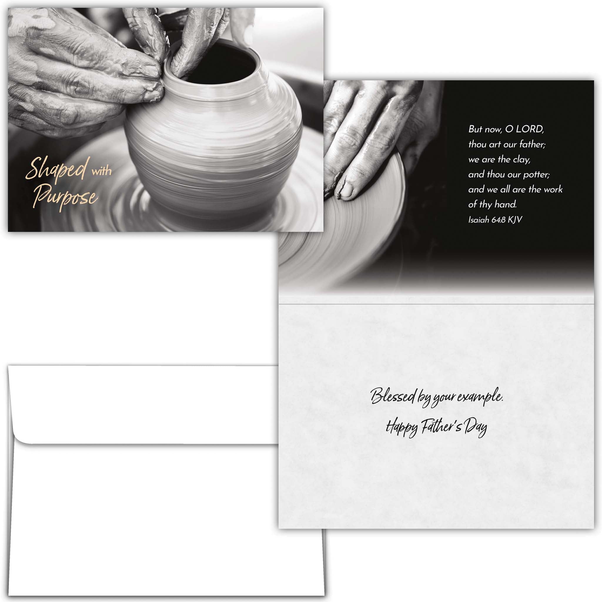 Card with hands shaping a pot on a wheel, black and white photo of hands on a potter's wheel, and text on a white background.
