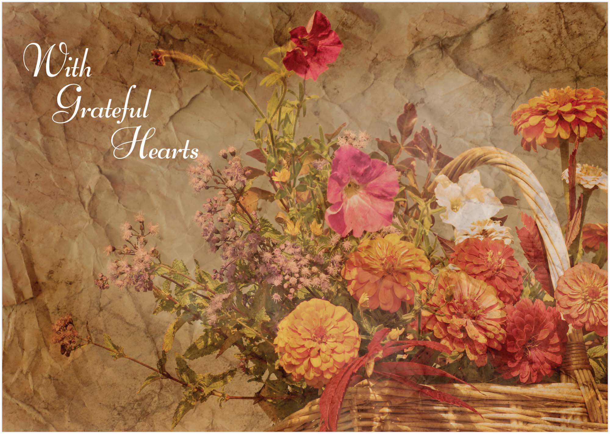 Vintage-style floral arrangement with a basket on a textured background, featuring the text 'With Grateful Hearts'.