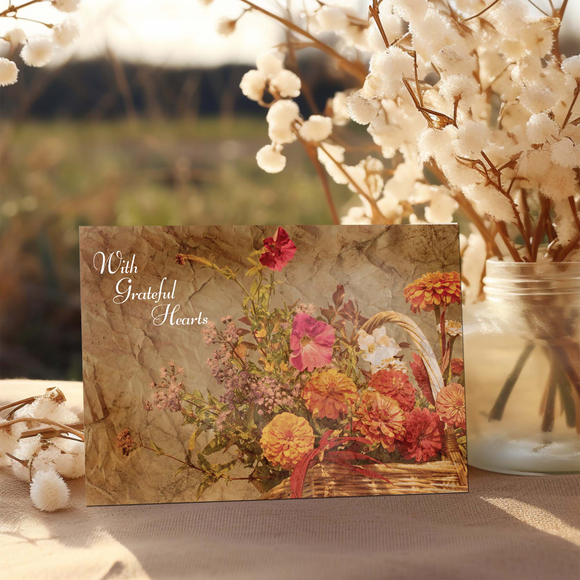 Decorative card with floral design and 'With Grateful Hearts' text, placed on a surface with cotton plants.