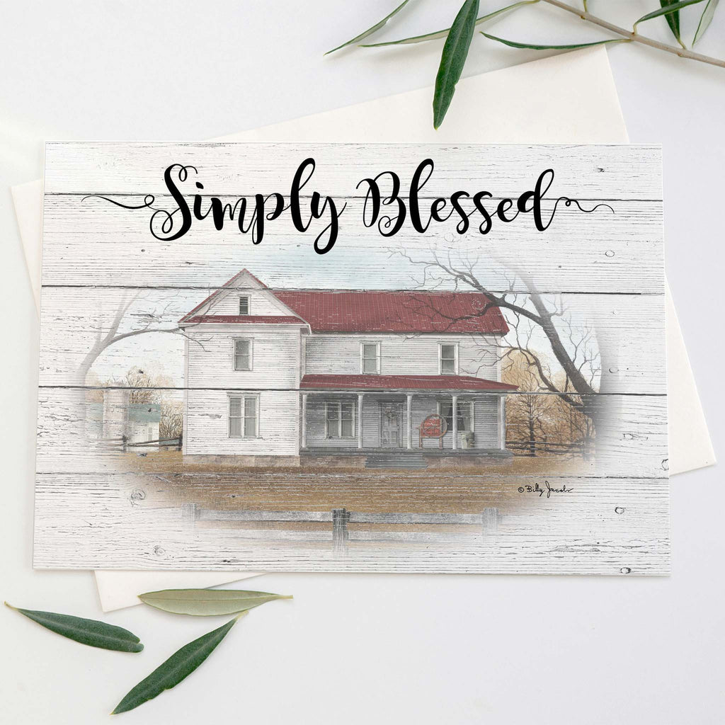 Decorative sign with a house illustration and 'Simply Blessed' text on a white background.
