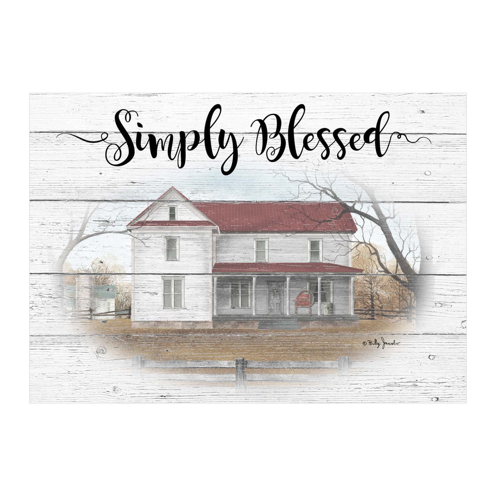 Framed artwork of a house with 'Simply Blessed' text on a white background