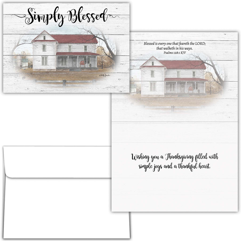 Greeting card with house illustration and 'Simply Blessed' text on a white background