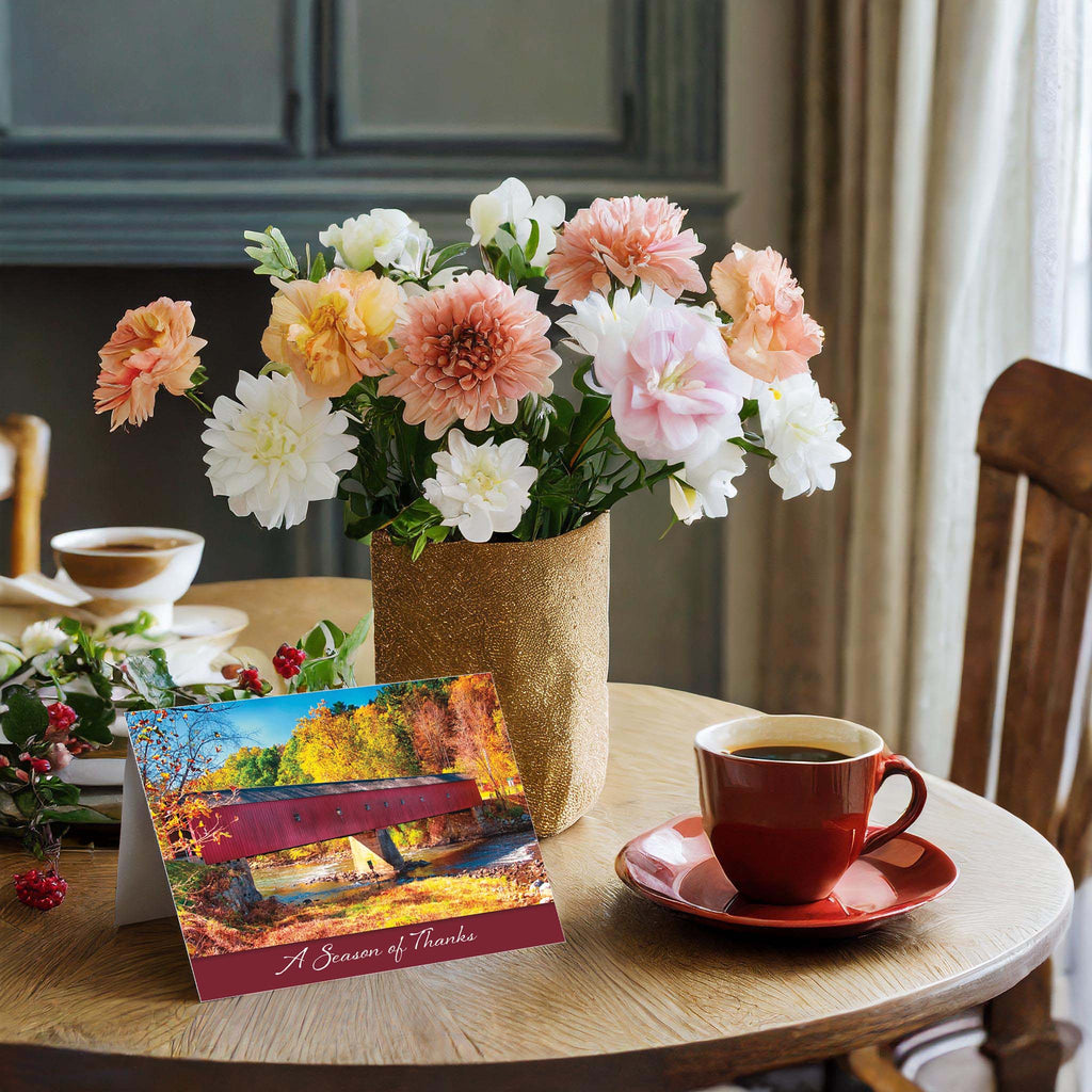 Christian Card on Table with Flowers and Cup of Coffee