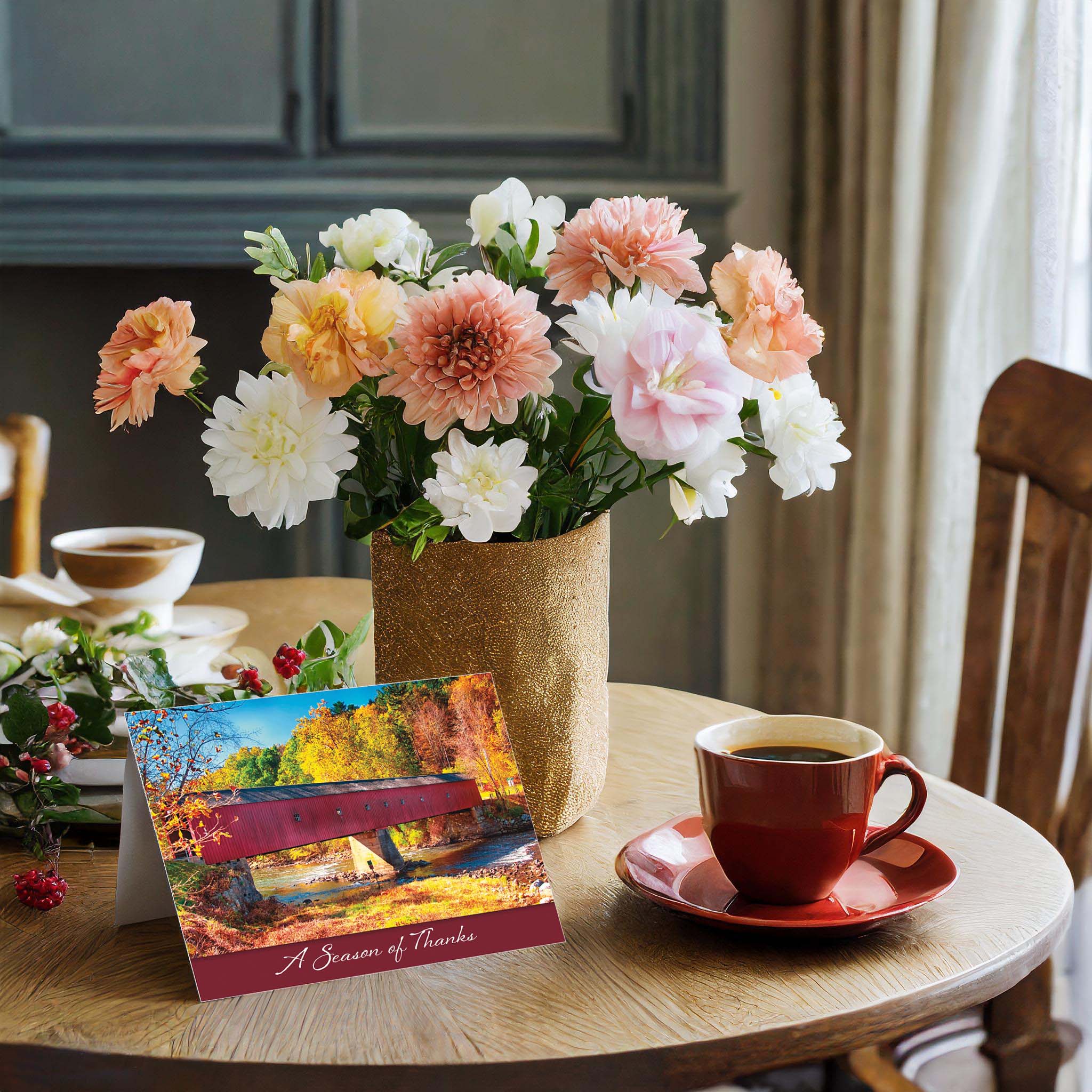 Christian Card on Table with Flowers and Cup of Coffee