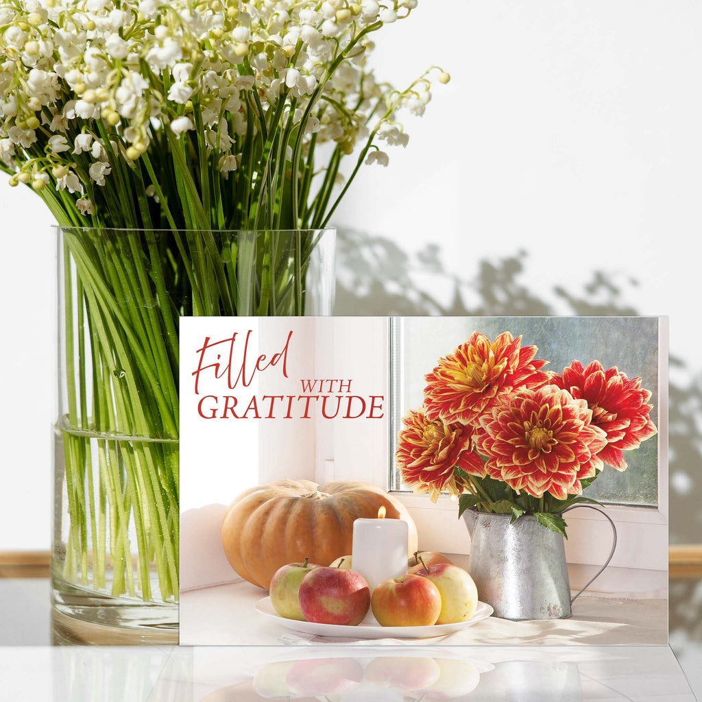 Scripture Thanksgiving Card on table with flowers