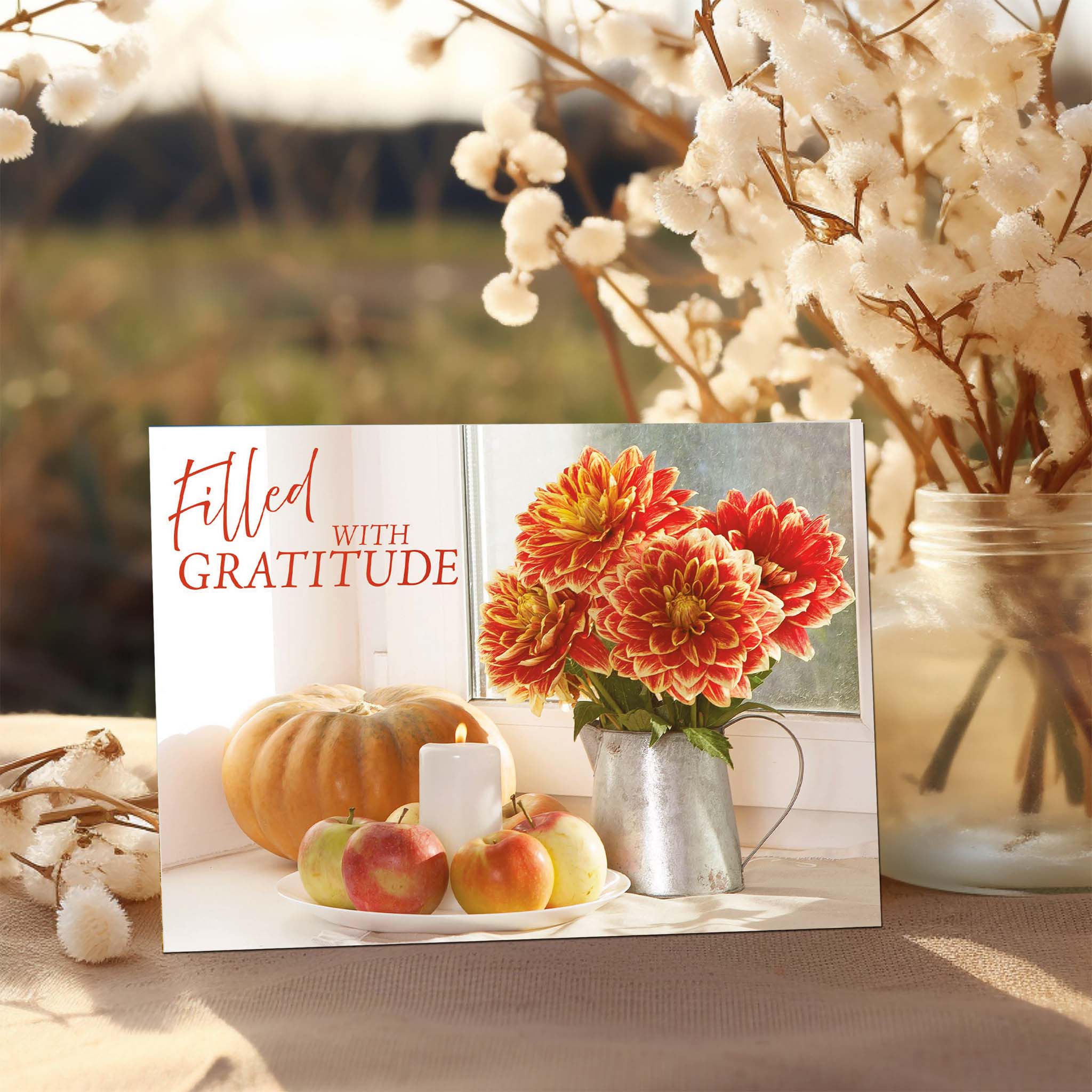 Christian Thanksgiving Card with Scripture on table with flowers