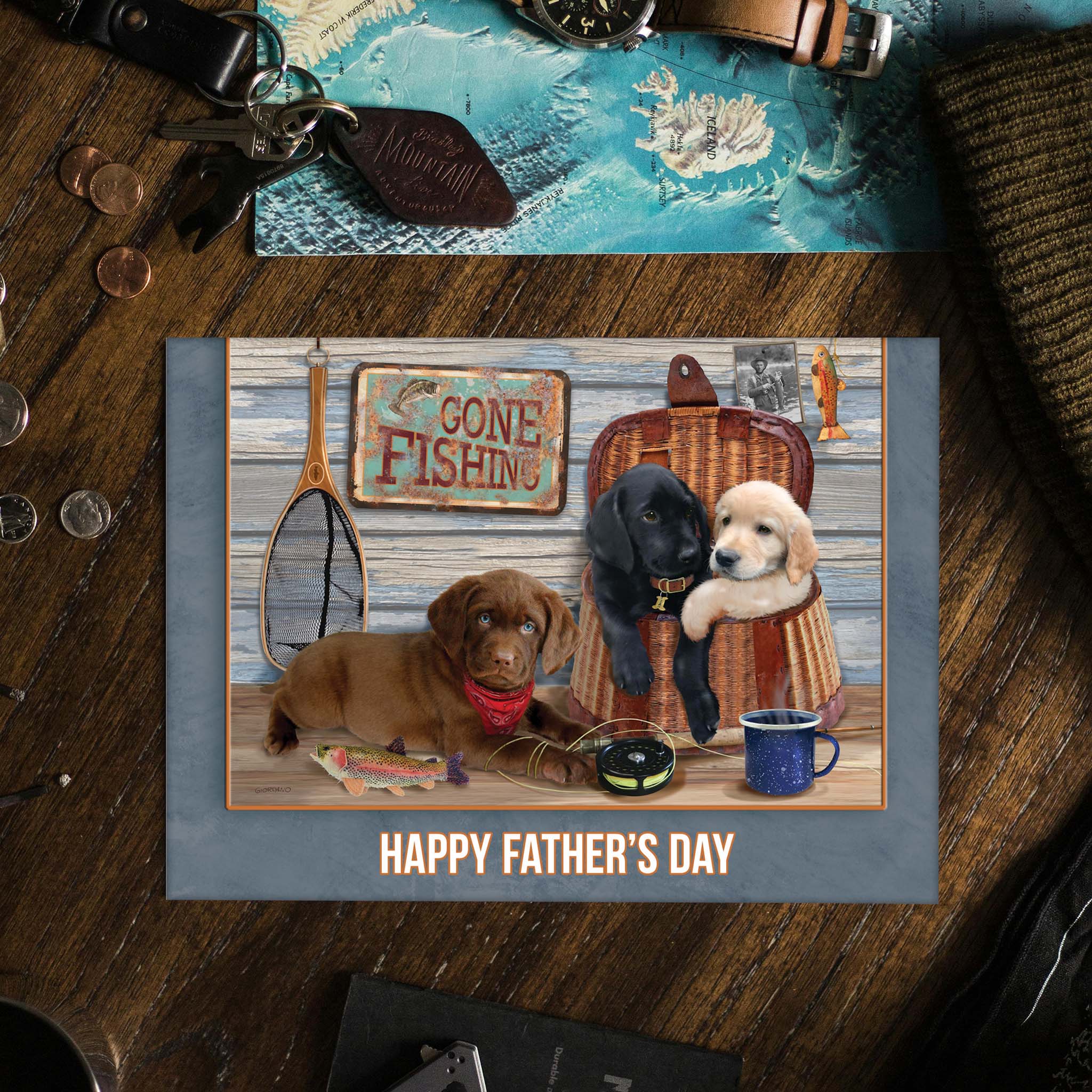 Religious Father's Day with puppies on desk