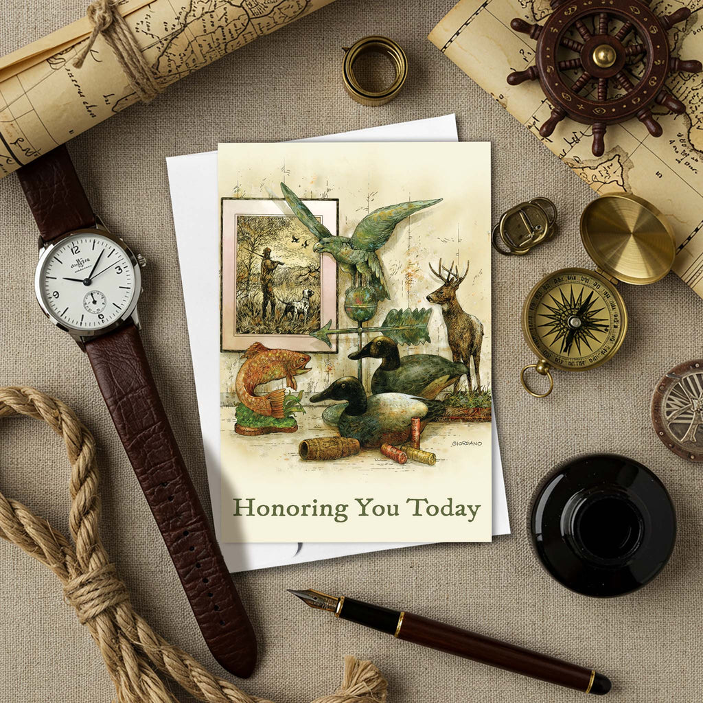 Religious Father's Day card on table with watches and ink pen