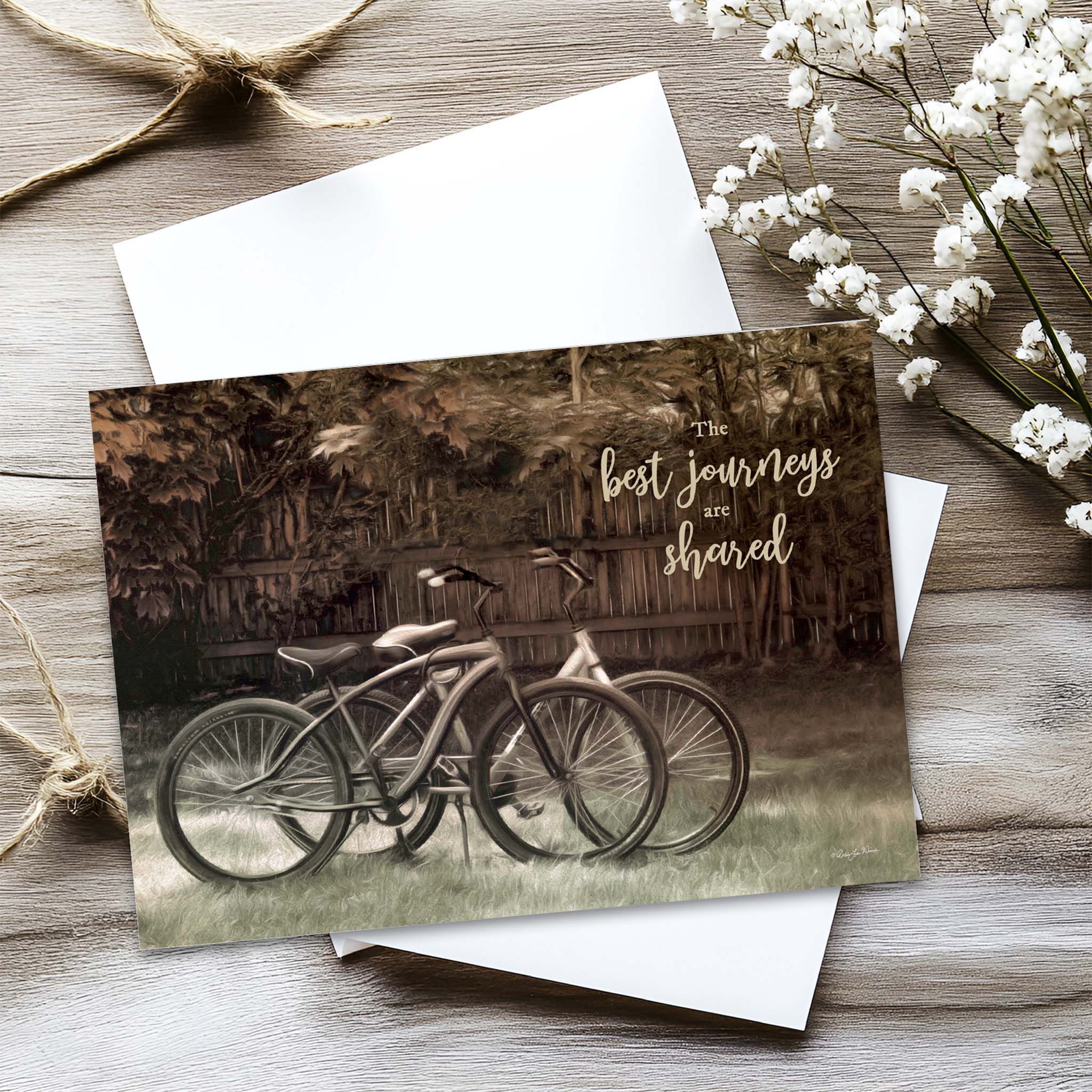 Christian Anniversary Card with Bicycles on Table with Twine and Flowers