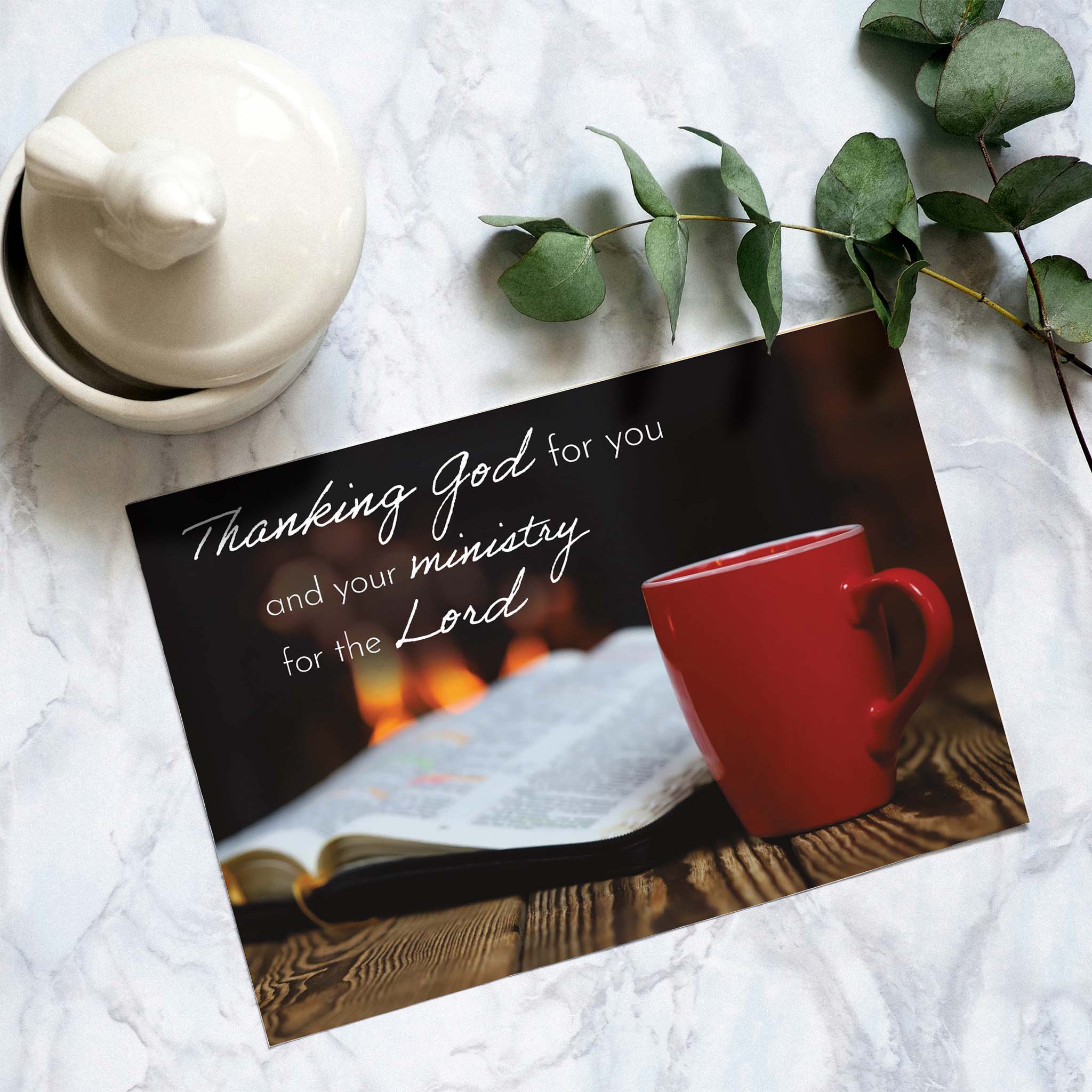 Religious Ministry Card on Table with Scripture and greenery